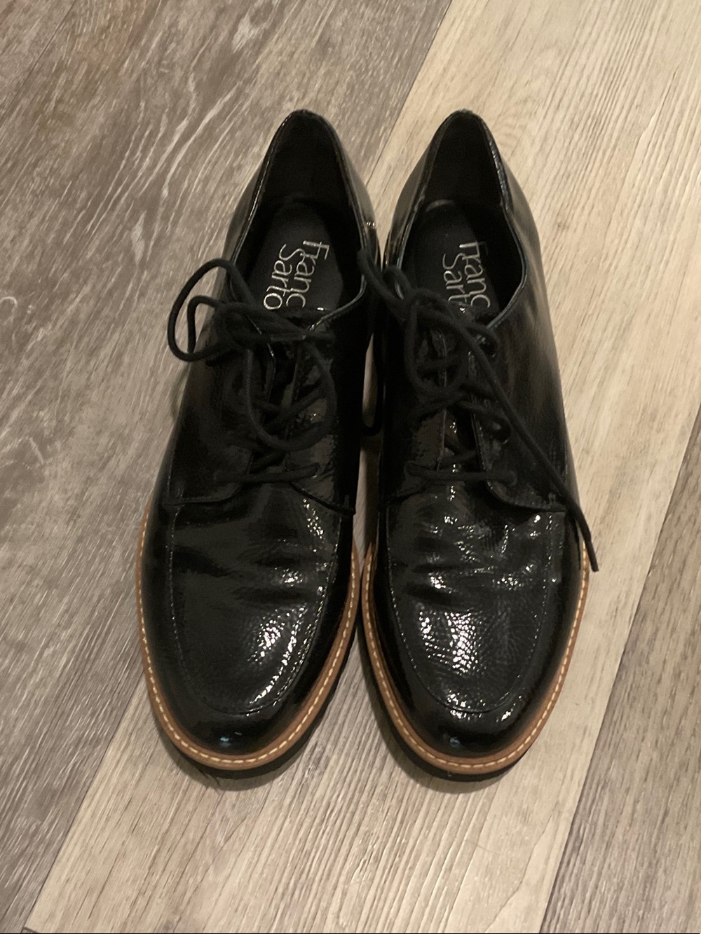 Franco Sarto Black Patent Leather Lace-Up Derbys with Tan Welt